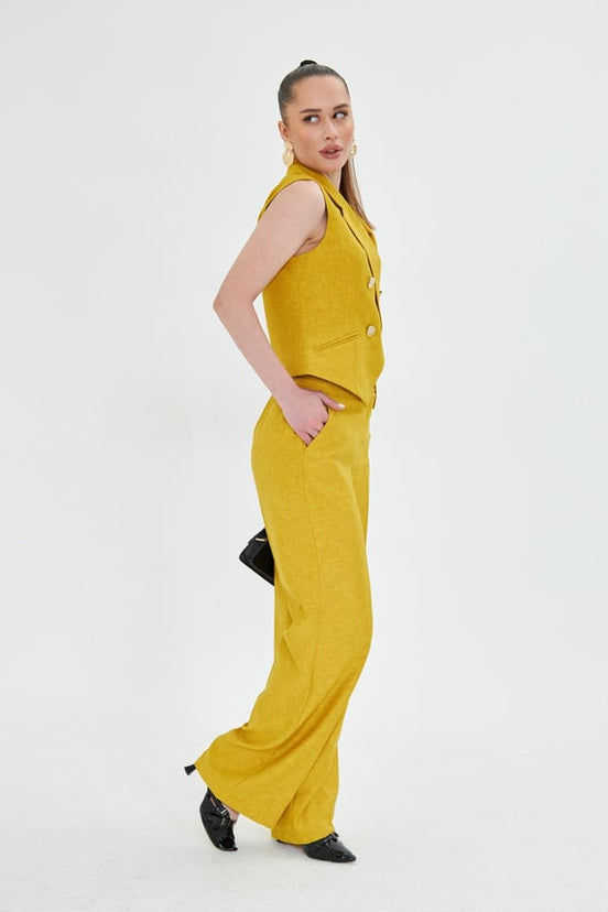 Yellow Sleeveless Vest & Wide Leg Pants