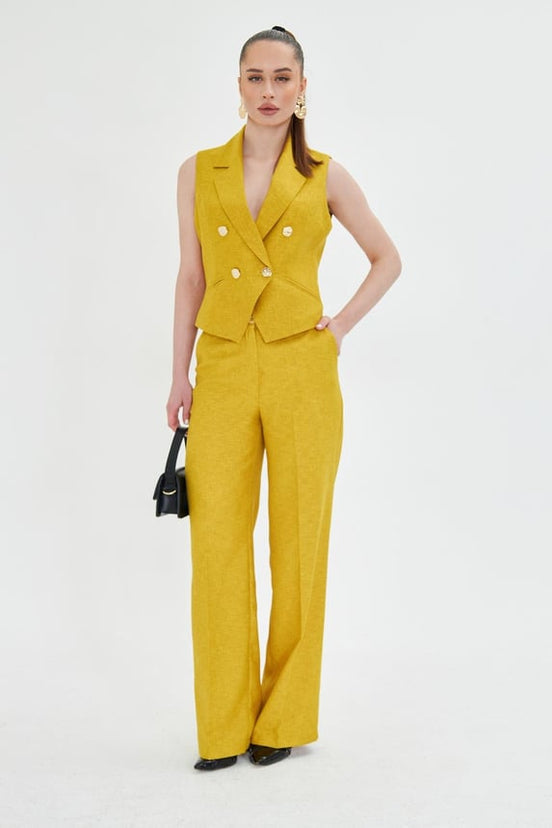 Yellow Sleeveless Vest & Wide Leg Pants