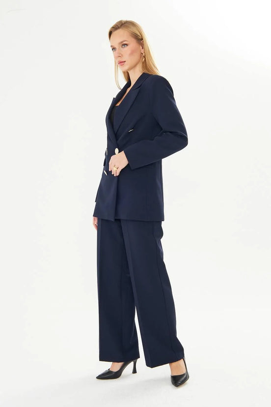 Woman wearing a navy suit
