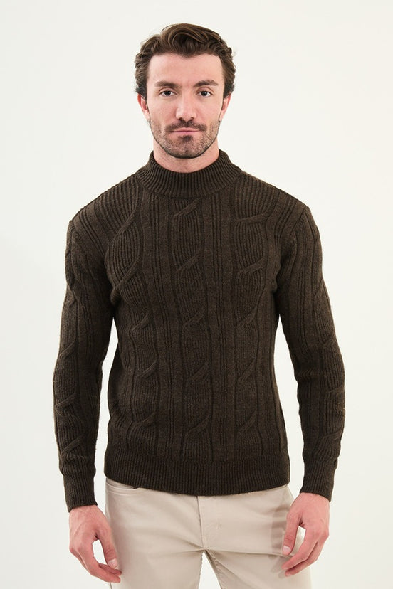 Mens Cable Knit Sweater Brown