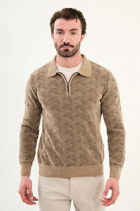 Ames Wool Polo Sweater Zip Up Beige