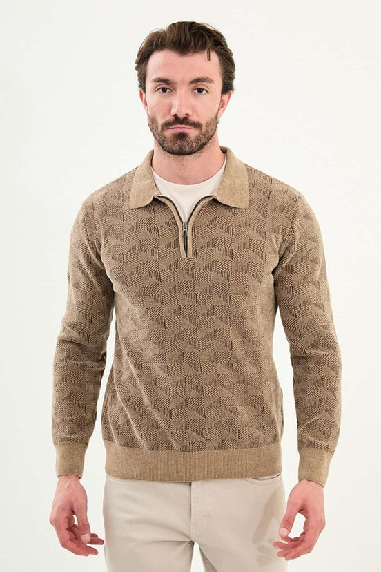 Wool Beige Polo Sweater Zip Up