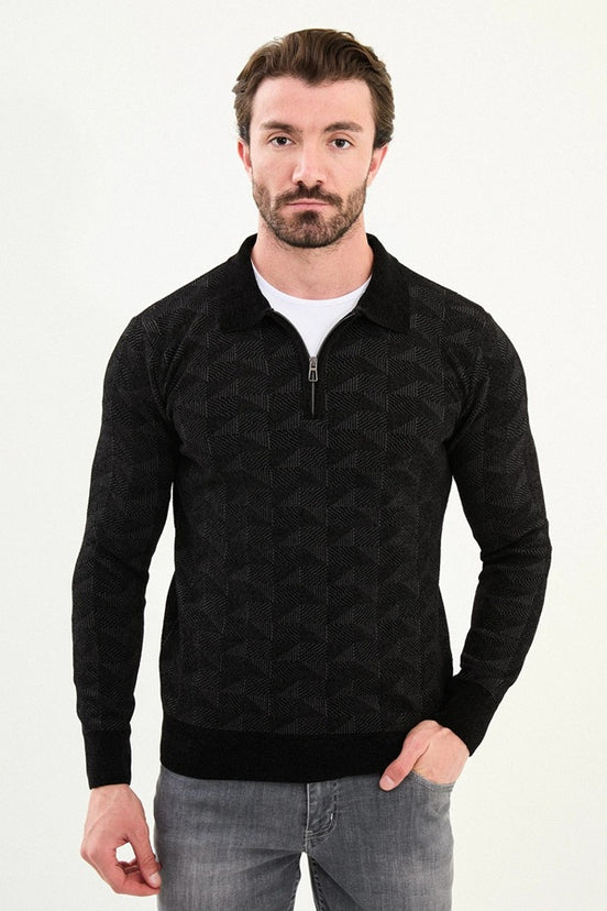 Wool Black Polo Sweater Zip Up
