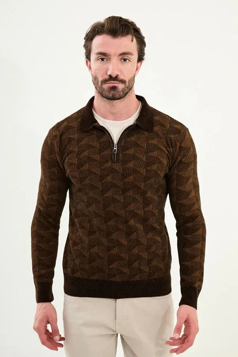 Ames Wool Polo Sweater Zip Up Brown