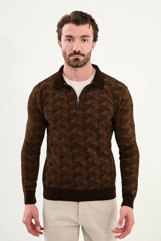 Wool Brown Polo Sweater Zip Up