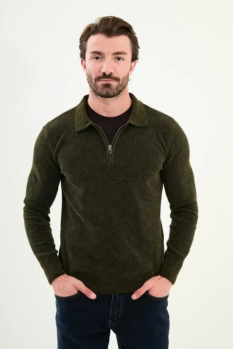 Ames Wool Polo Sweater Zip Up Green