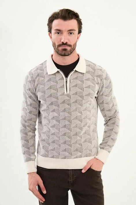 Ames Wool Polo Sweater Zip Up Off White