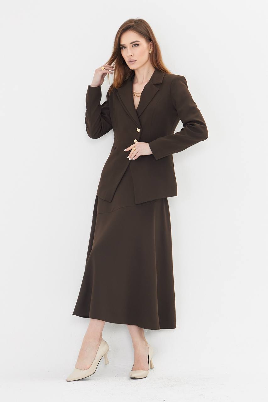Coffee Brown Blazer Midi Skirt Set
