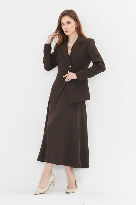 Coffee Brown Blazer Midi Skirt Set