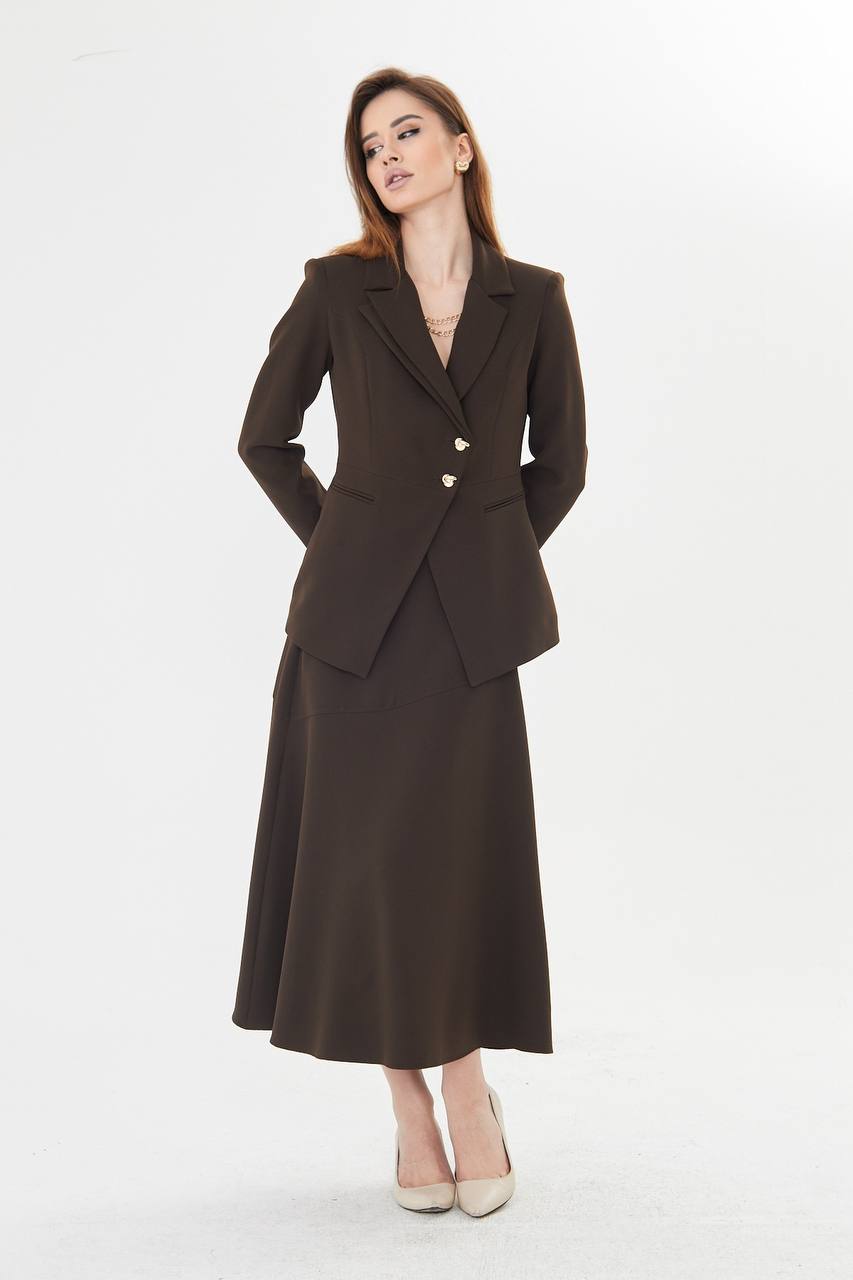 Coffee Brown Blazer Midi Skirt Set
