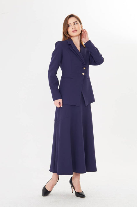 Navy Blue Blazer Midi Skirt Set