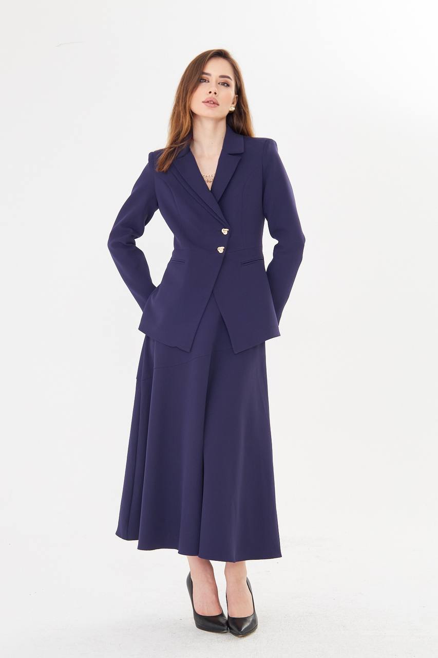 Navy Blue Blazer Midi Skirt Set