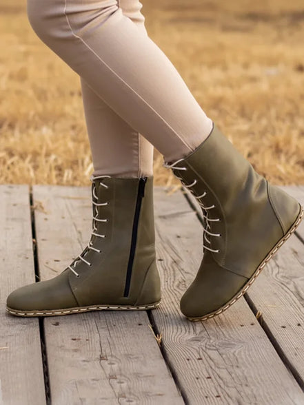 Olive Green Leather Ankle Boots