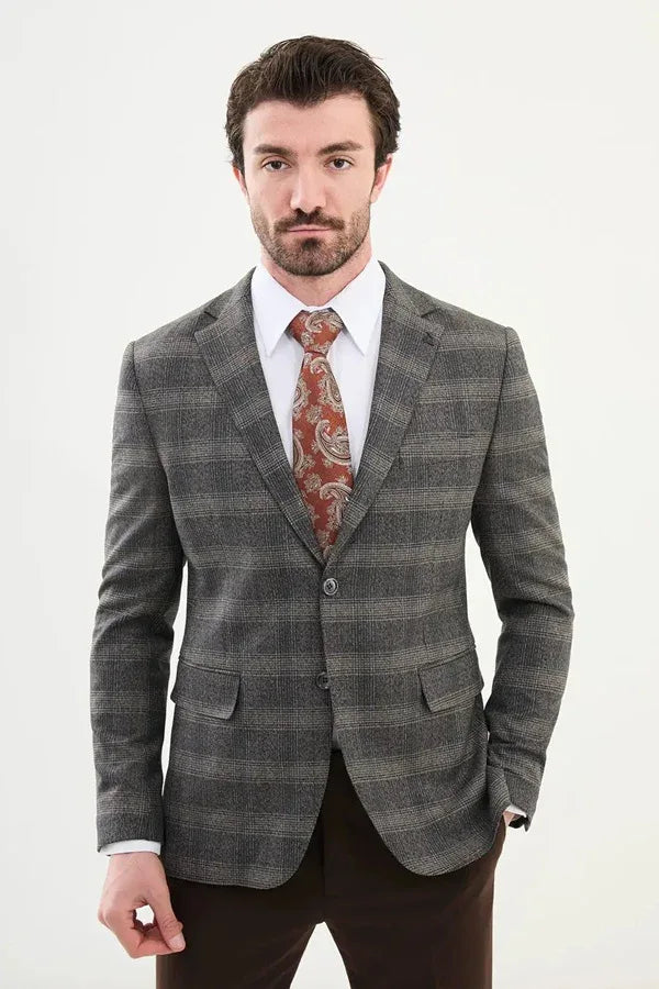 Beige Black Plaid Wool Blazer