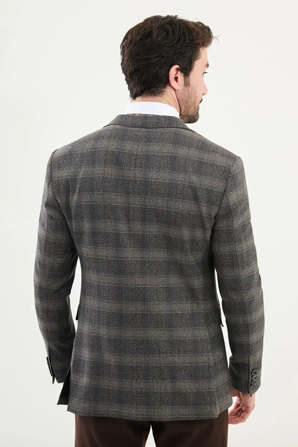 Beige Black Plaid Wool Blazer