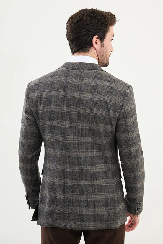 Beige Black Plaid Wool Blazer