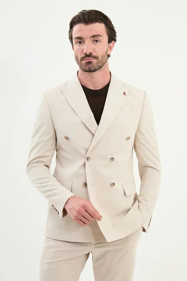 Marion Cotton Beige Double Breasted Suit