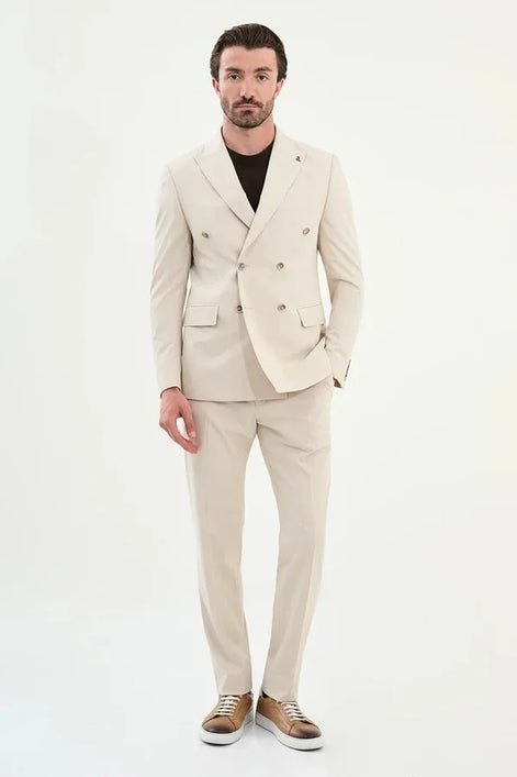 Marion Cotton Beige Double Breasted Suit
