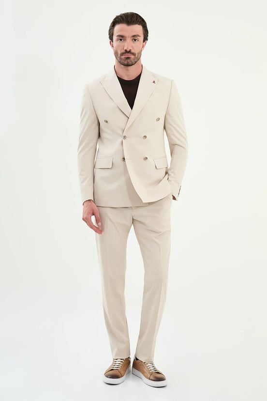 Beige Double Breasted Suit