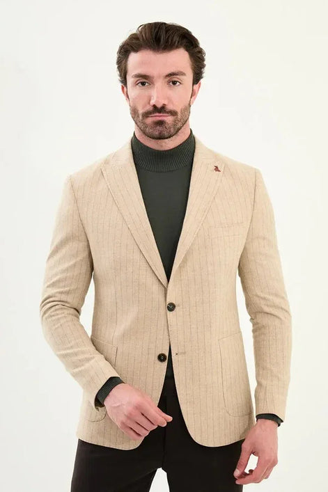 Mens Pinstripe Blazer Beige