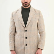 Beige Plaid Wool Long Coat