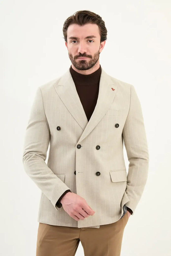 Wool Double Breasted Pinstripe Blazer Beige