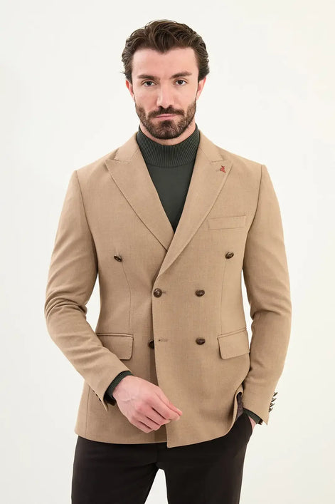 Wool Men Double Breasted Blazer Beige