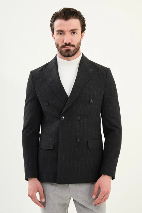 Wool Double Breasted Pinstripe Blazer Black