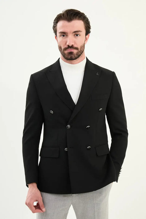Wool Men Double Breasted Blazer Black