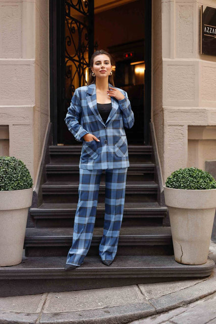 Woman in a blue plaid outfit 