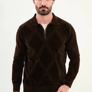 Brown Cross Pattern Men's Quarter Zip Sweater