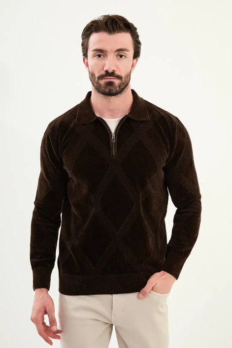 Brown Cross Pattern Men's Quarter Zip Sweater