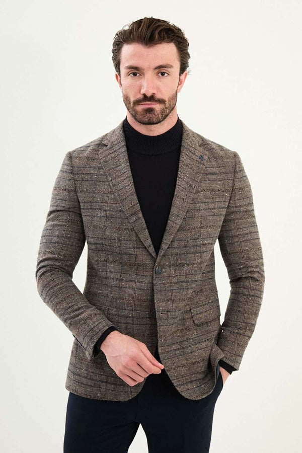Plaid Men's Wool Blazer Brown