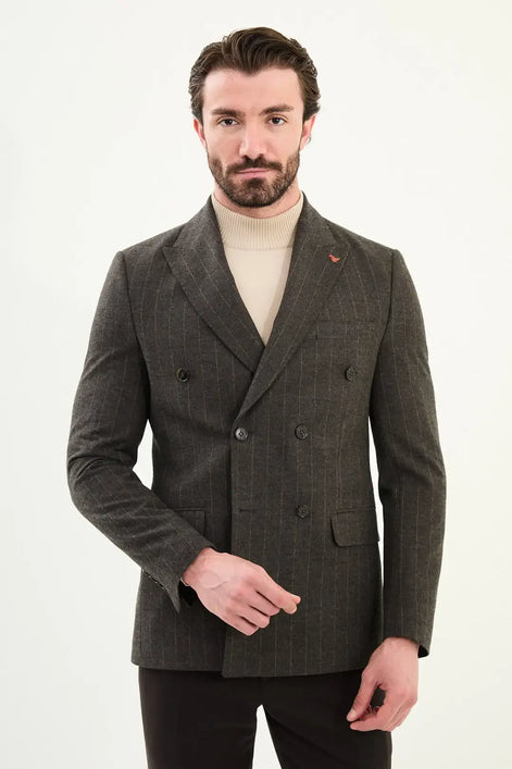 Wool Double Breasted Pinstripe Blazer Brown