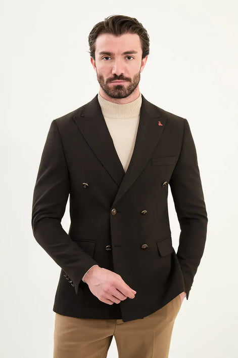 Wool Men Double Breasted Blazer Brown