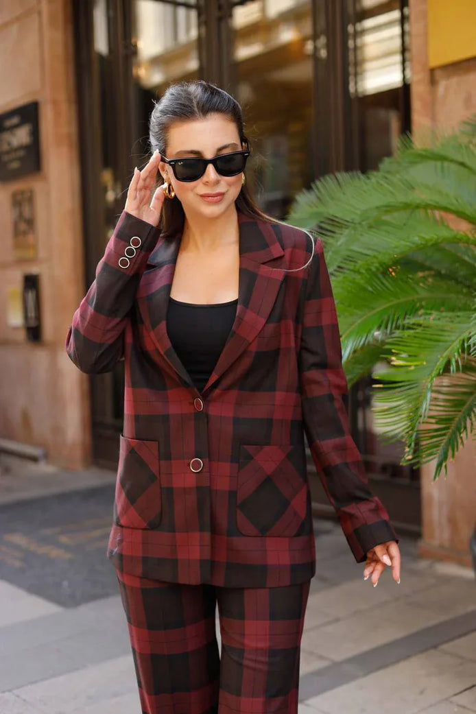 Burgundy Plaid Suit Women