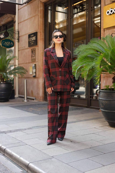 Burgundy Plaid Suit Women