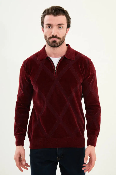 Burgundy Red Cross Pattern Men's Quarter Zip Sweater