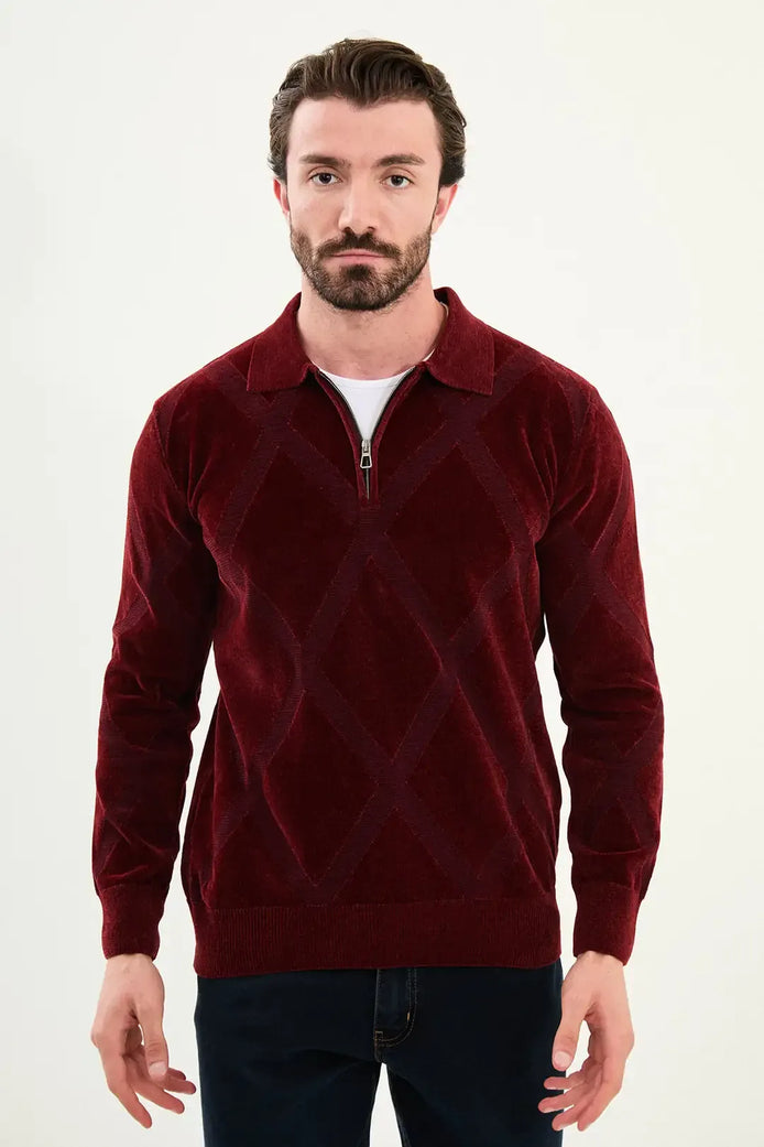 Burgundy Red Cross Pattern Men's Quarter Zip Sweater