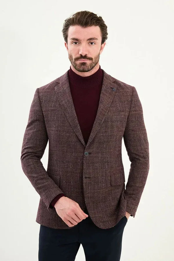 Plaid Men's Wool Blazer Burgundy