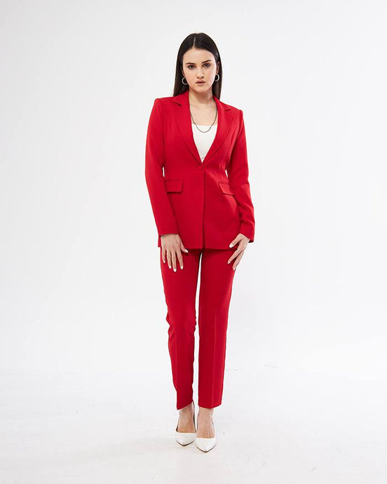 Woman wearing a red suit