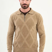 Beige Cross Pattern Men's Quarter Zip Sweater