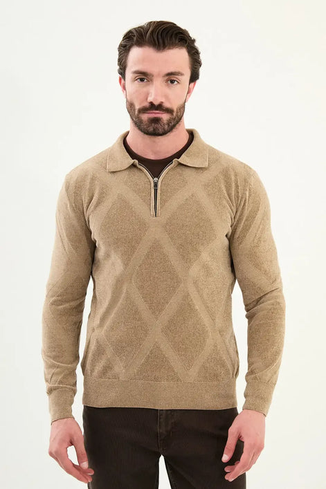 Beige Cross Pattern Men's Quarter Zip Sweater
