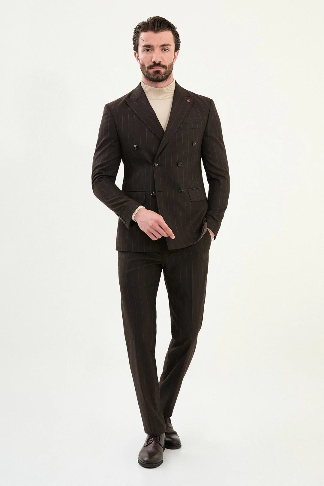 Dark Brown Pinstripe Double Breasted Suit