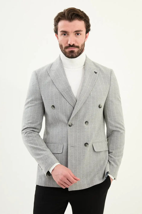 Wool Double Breasted Pinstripe Blazer Gray