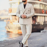 Beige Double Breasted Suit Pinstripe