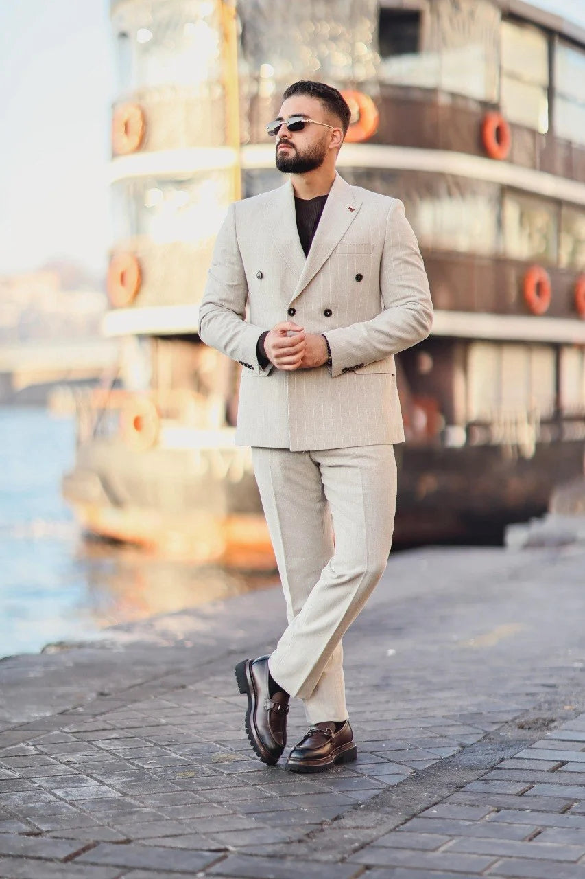 Beige Double Breasted Suit Pinstripe