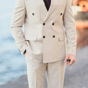 Beige Double Breasted Suit Pinstripe