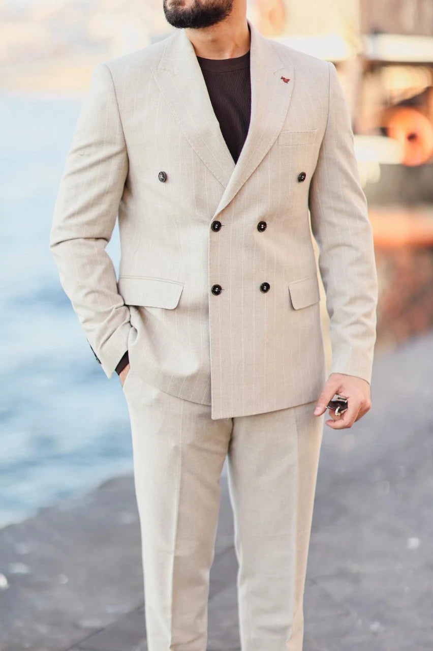Beige Double Breasted Suit Pinstripe