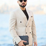 Beige Double Breasted Suit Pinstripe